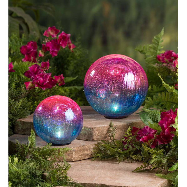 Plow & Hearth Solar Iridescent Crackle Glass Garden 2 Piece Gazing Ball